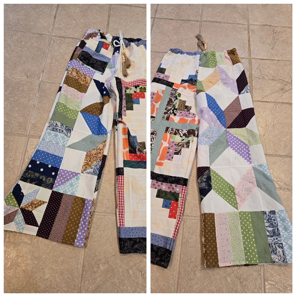 Upcycled Vtg Quilt Top Barrel Pants M-L Handmade Dont Throw It Out - Picture 2 of 6